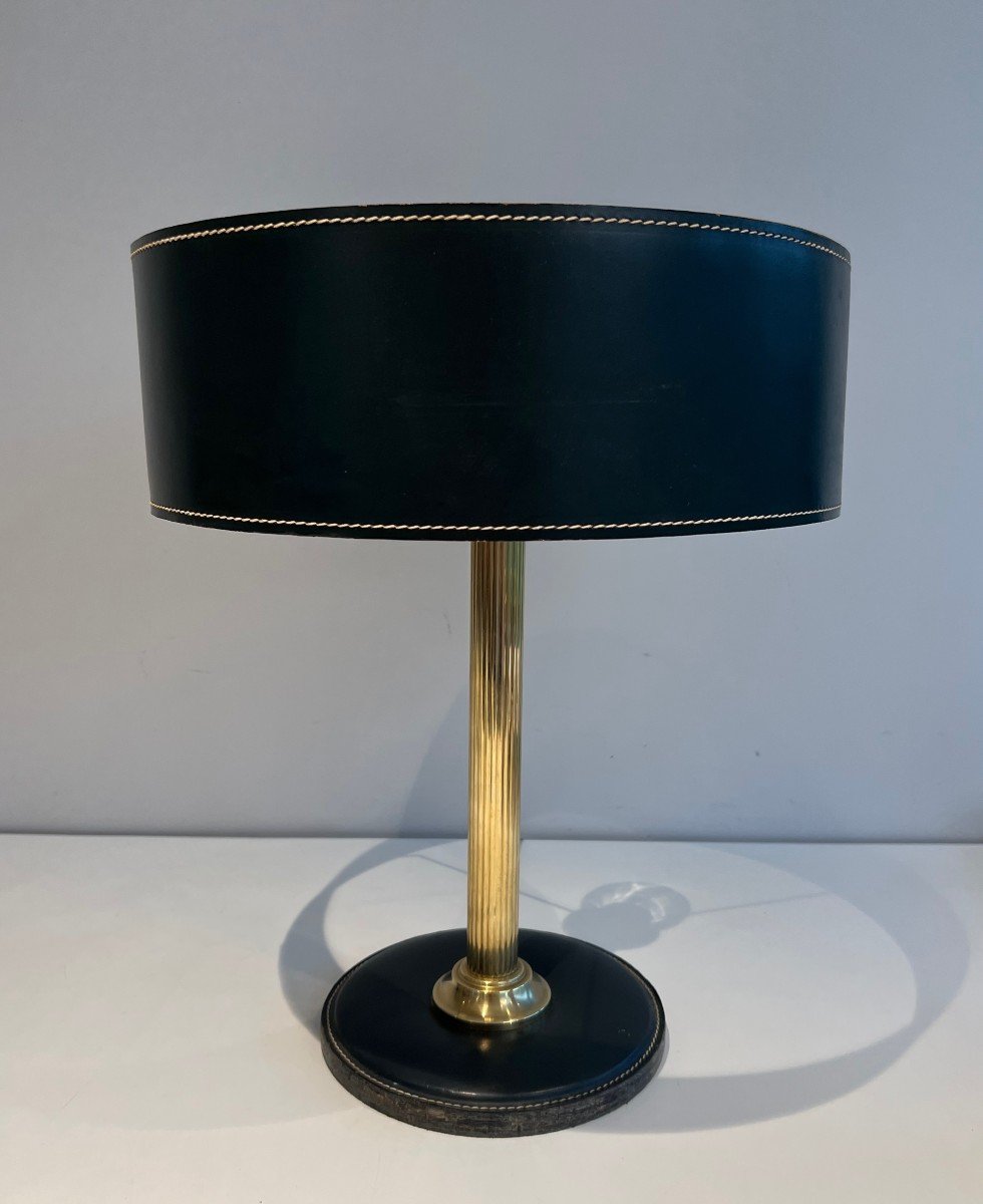 Dark Green Cellier Stitched Leather And Brass Desk Lamp  In The Style Of Jacques Adnet-photo-8