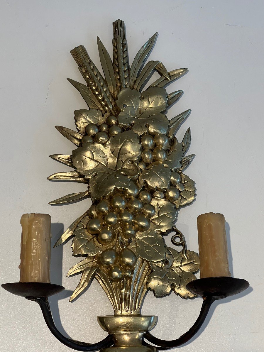 Pair Of Bronze And Wrought Iron Wall Sconces Representing A Fruit Bowl. French Work. Circa 1970-photo-2