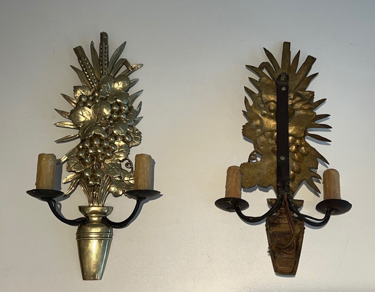 Pair Of Bronze And Wrought Iron Wall Sconces Representing A Fruit Bowl. French Work. Circa 1970-photo-7