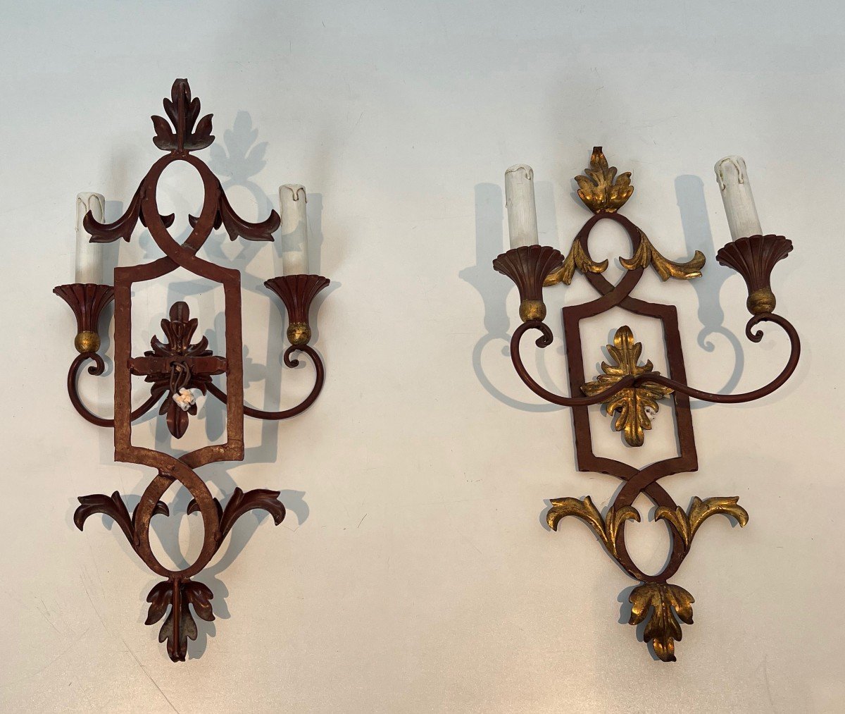 Pair Of Red Patinated Wrought Iron And Wood Wall Sconces With Gilded Acanthus Leaves.-photo-7