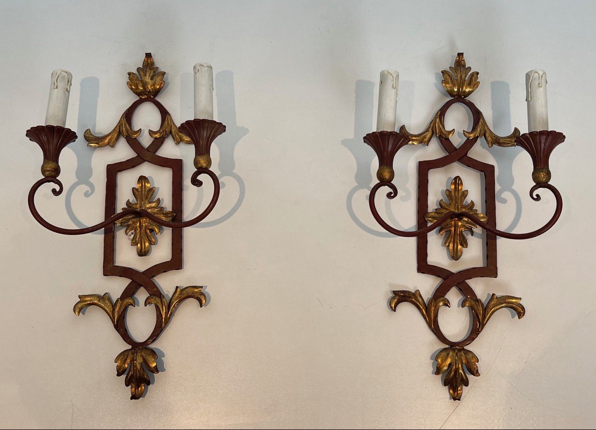 Pair Of Red Patinated Wrought Iron And Wood Wall Sconces With Gilded Acanthus Leaves.