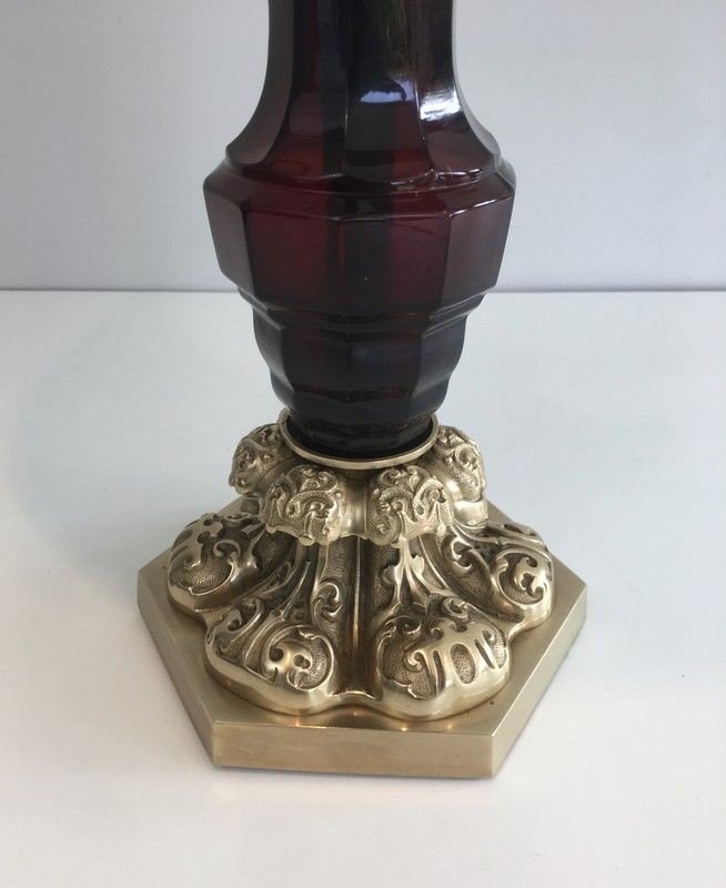 Dark Red Cristal And Bronze Table Lamp. French Work By Cristal & Bronze Paris. Circa 1940-photo-4