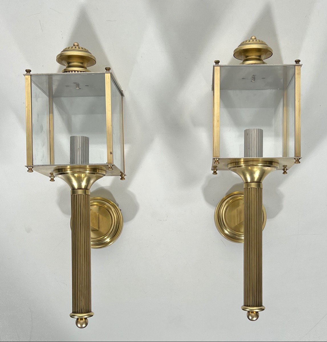 Pair Of Neoclassical Style Brass Lanterns Wall Lights. French Work By Maison Jansen. Circa 1940-photo-2