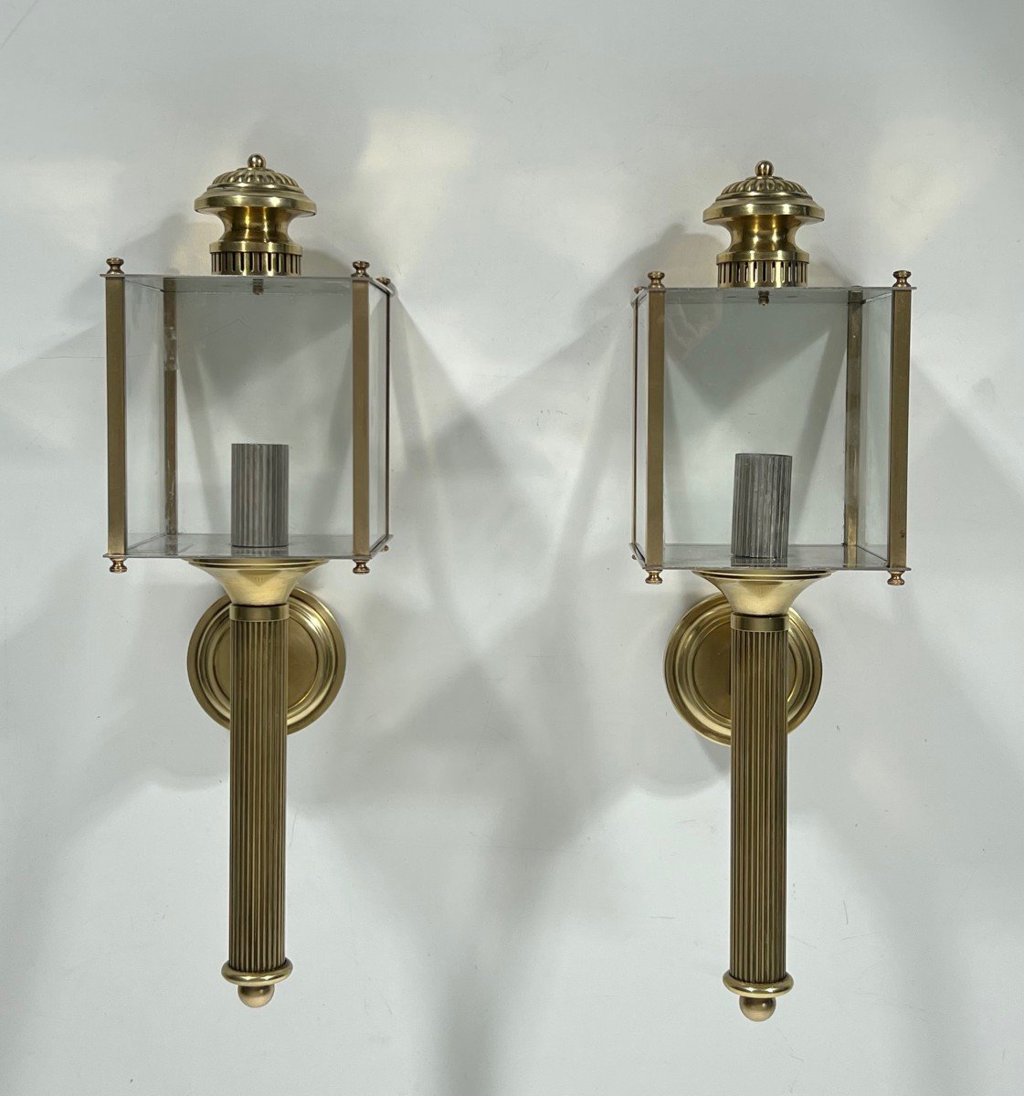 Pair Of Neoclassical Style Brass Lanterns Wall Lights. French Work By Maison Jansen. Circa 1940-photo-3