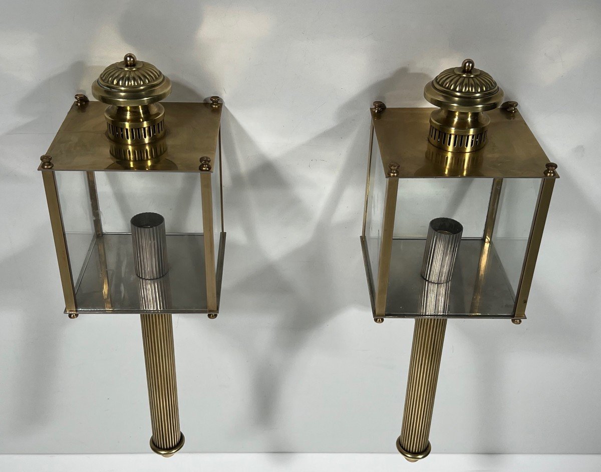 Pair Of Neoclassical Style Brass Lanterns Wall Lights. French Work By Maison Jansen. Circa 1940-photo-3