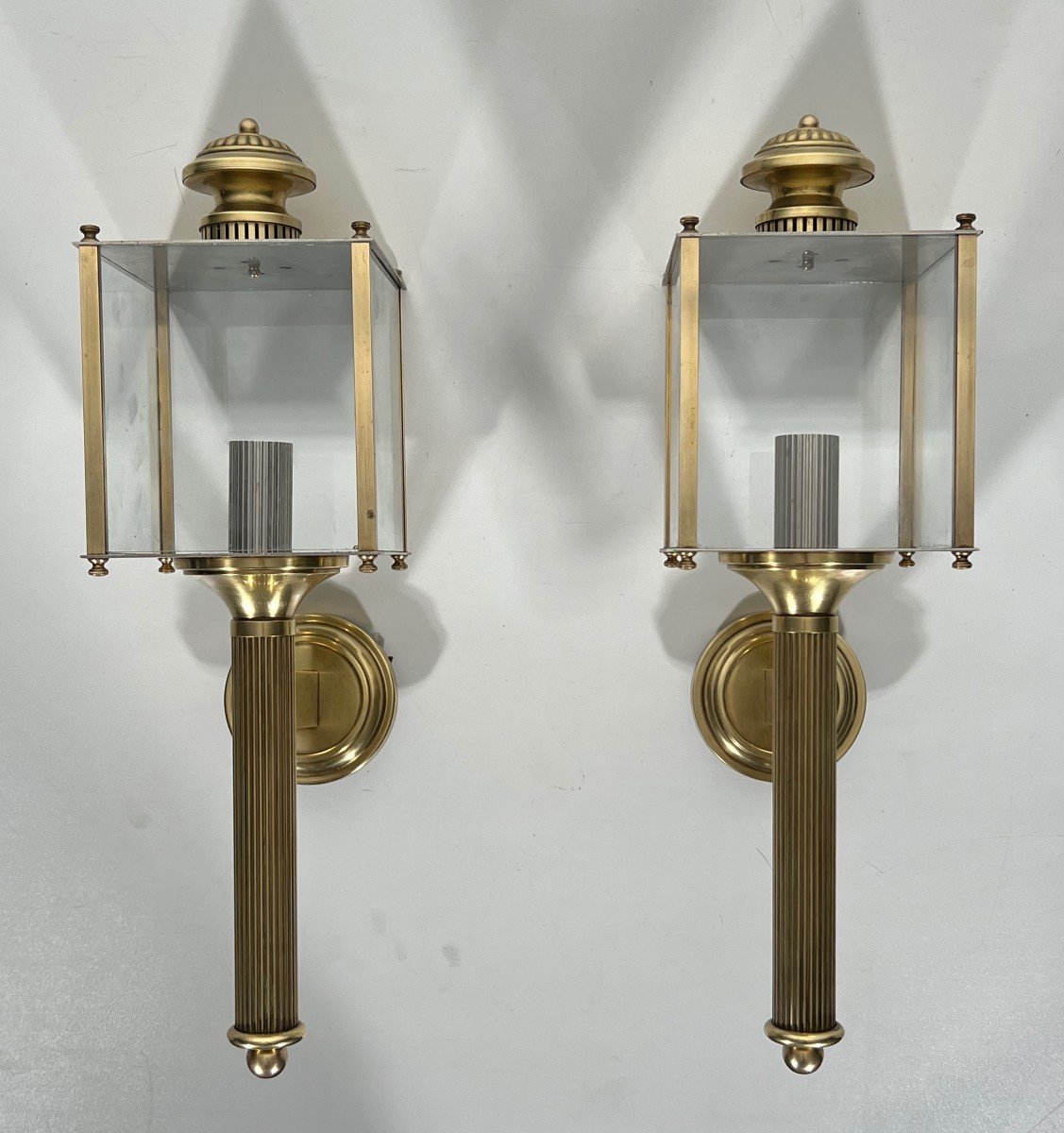 Pair Of Neoclassical Style Brass Lanterns Wall Lights. French Work By Maison Jansen. Circa 1940-photo-8