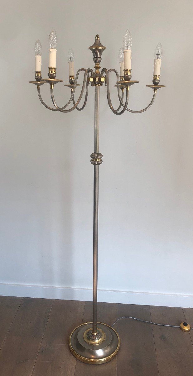 Neoclassical Style Silvered And Brass 6 Lights Floor Lamp. French Work. Circa 1940-photo-3