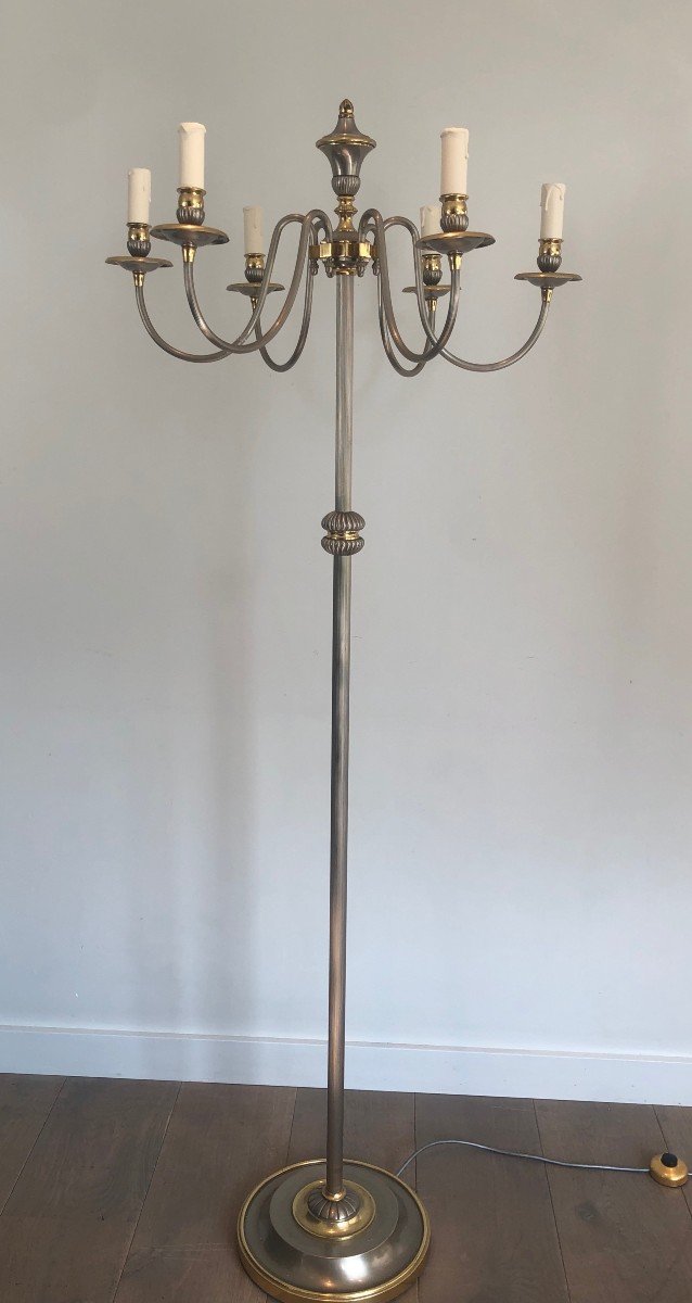 Neoclassical Style Silvered And Brass 6 Lights Floor Lamp. French Work. Circa 1940-photo-4