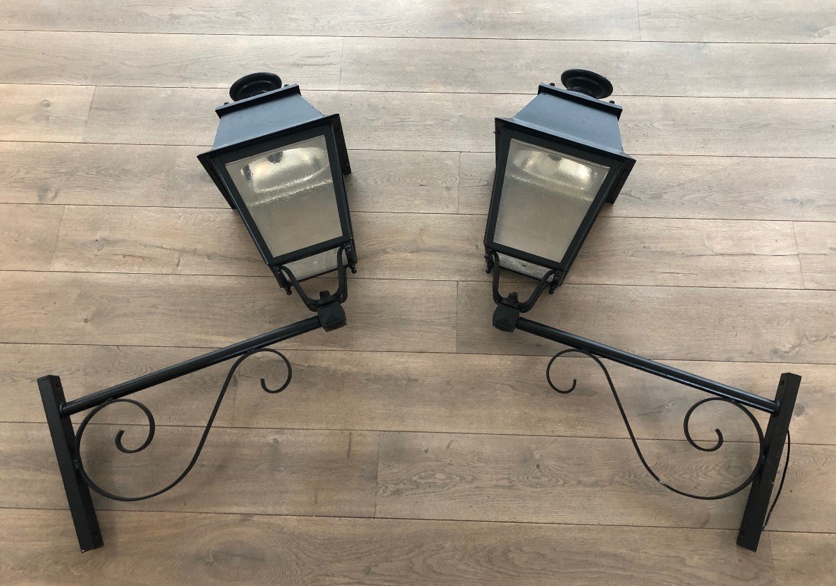 Pair Of Important Iron Outside Lanterns On Brackets. Gfrench Work. Circa 1950