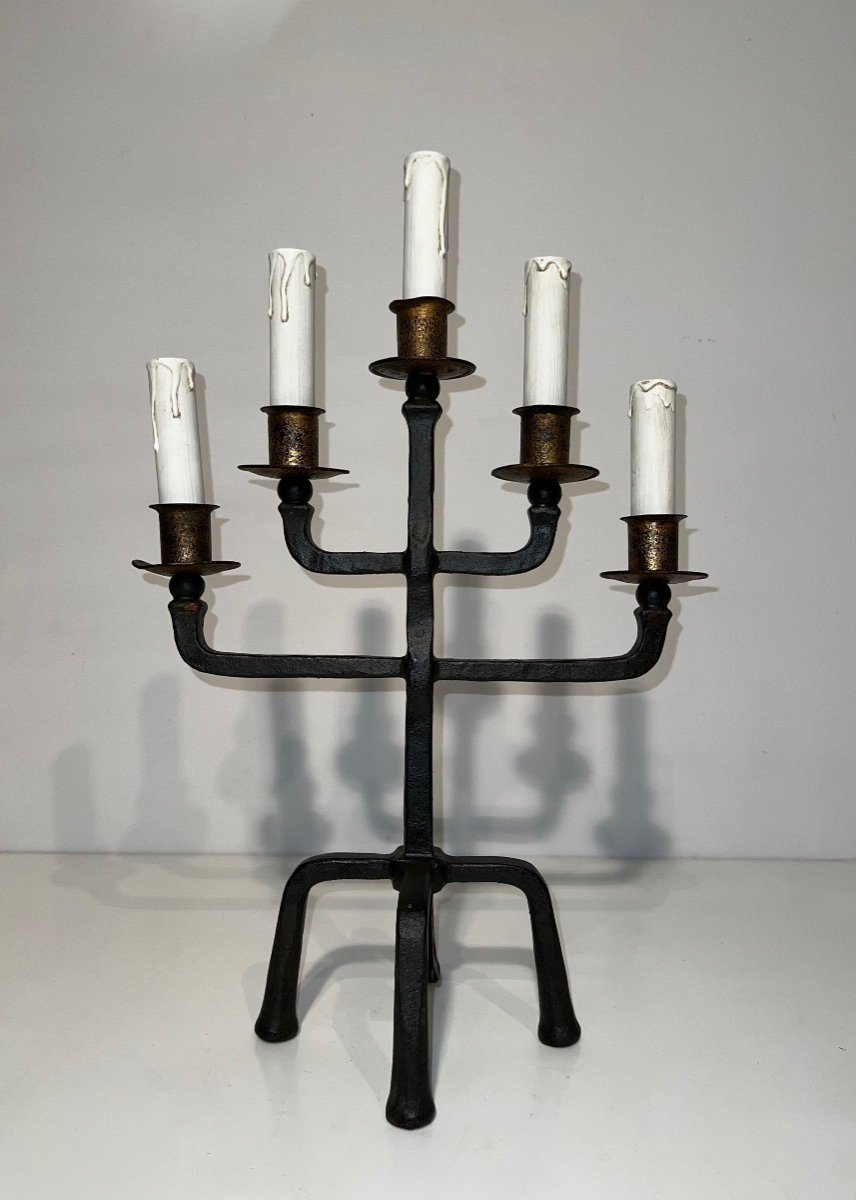 Pair Of 5 Arms Patinated And Gilt Wrought Iron Candelabras. French Work. Circa 1940-photo-4