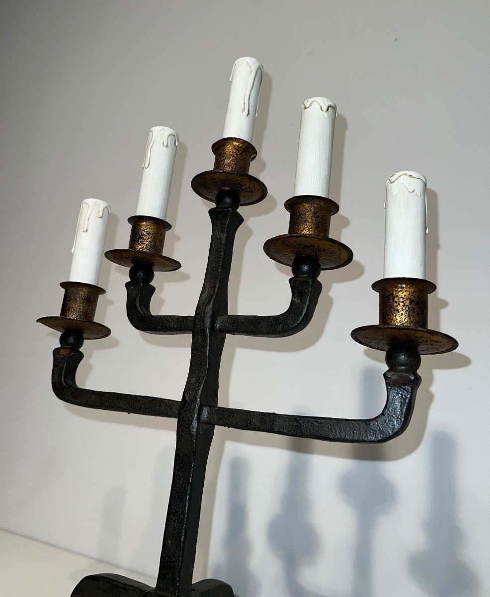 Pair Of 5 Arms Patinated And Gilt Wrought Iron Candelabras. French Work. Circa 1940-photo-2