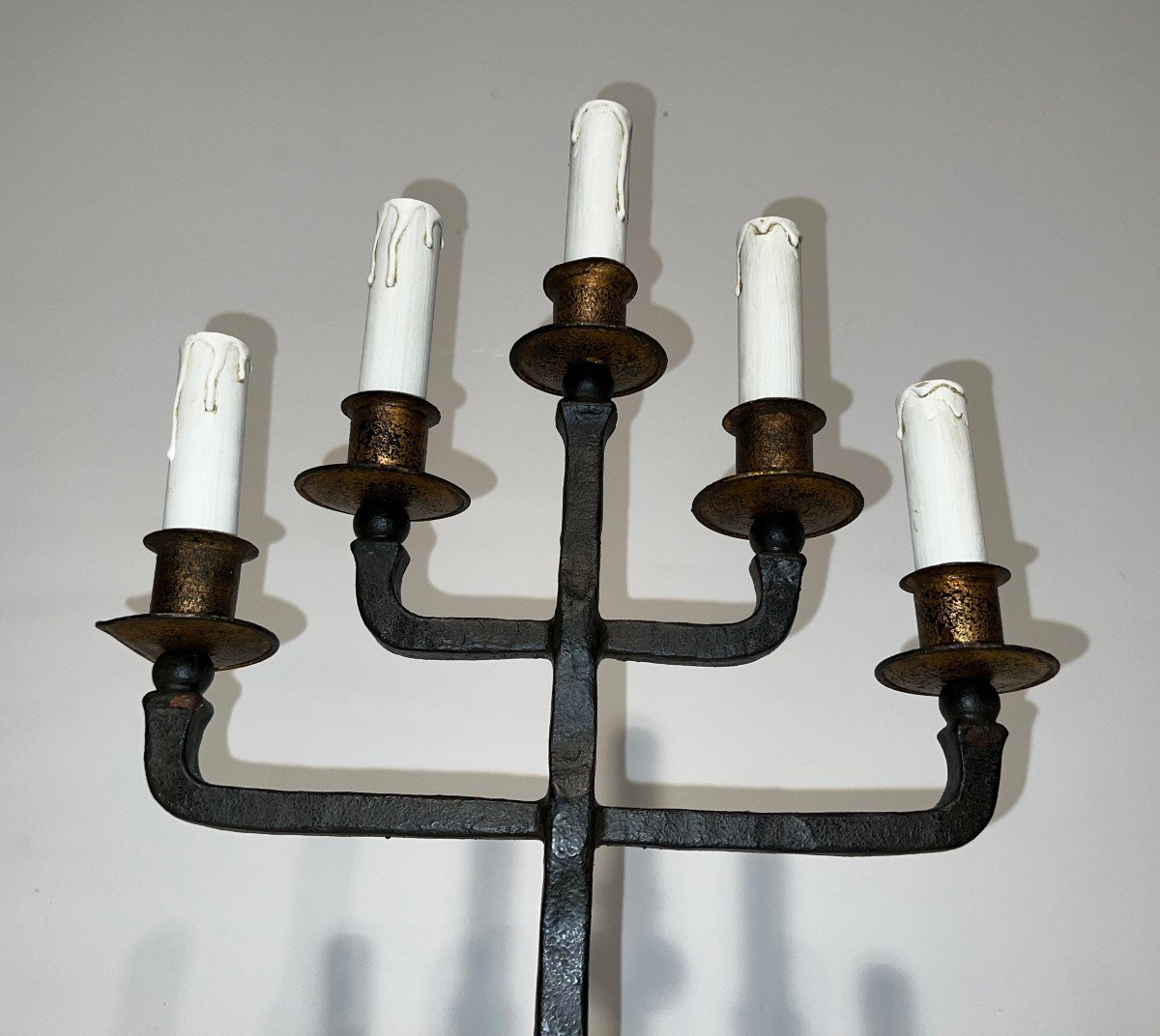 Pair Of 5 Arms Patinated And Gilt Wrought Iron Candelabras. French Work. Circa 1940-photo-4