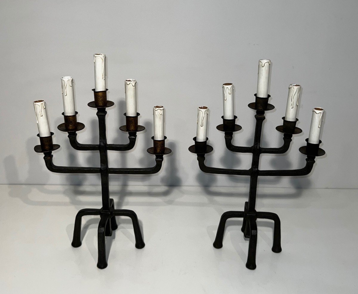 Pair Of 5 Arms Patinated And Gilt Wrought Iron Candelabras. French Work. Circa 1940-photo-8