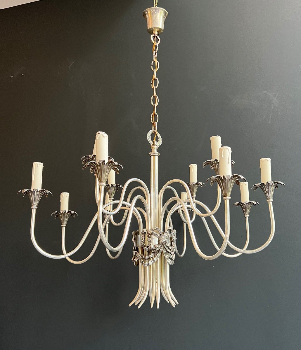 Neoclassical Style Silvered Metal Chandelier. French Work By Maison Charles. Circa 1940-photo-4