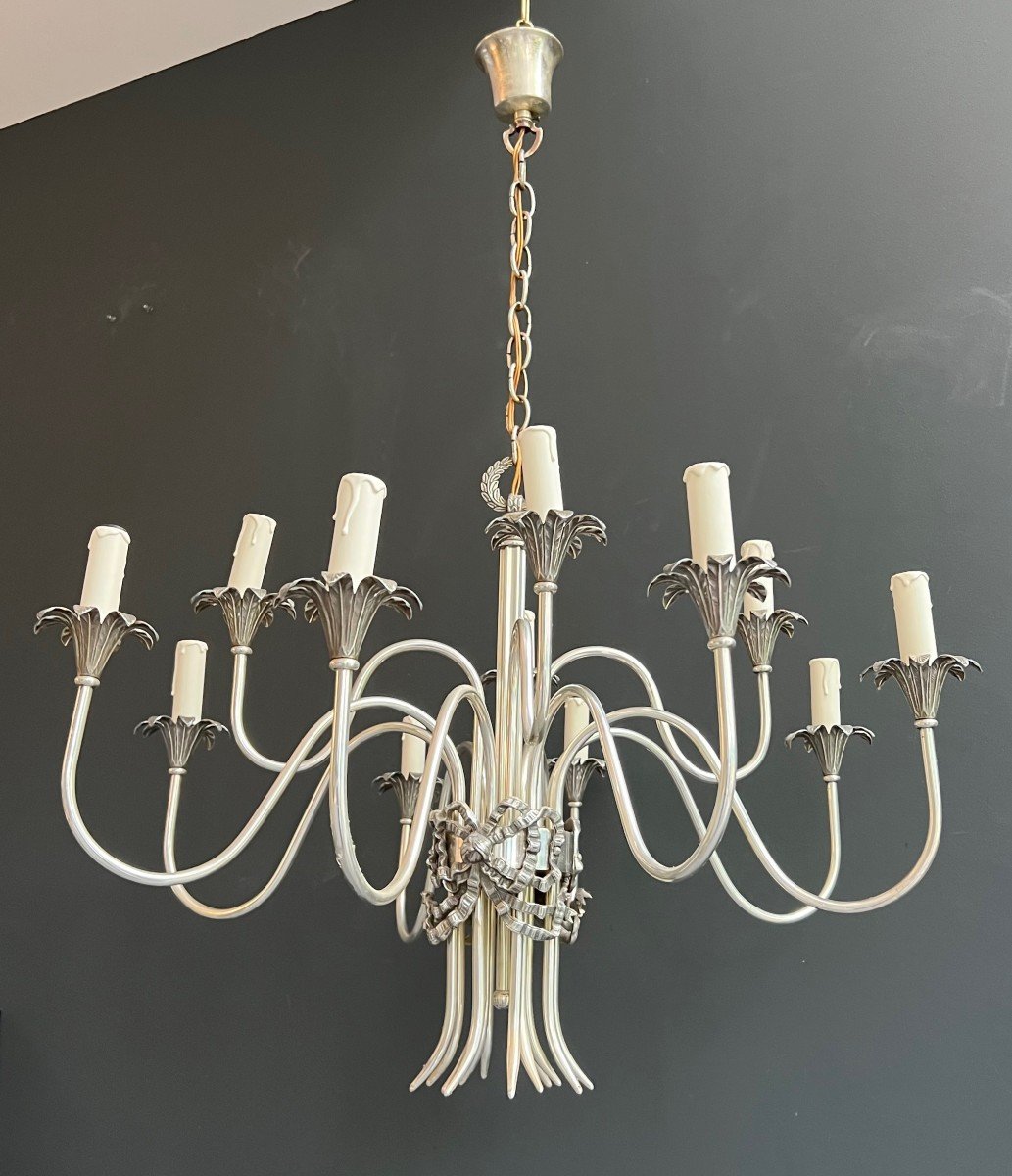 Neoclassical Style Silvered Metal Chandelier. French Work By Maison Charles. Circa 1940-photo-1