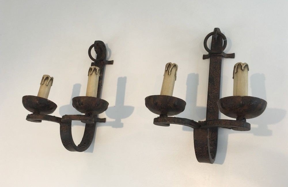 Pair Of Wrought Iron Wall Sconces. French Work. Circa 1950-photo-2