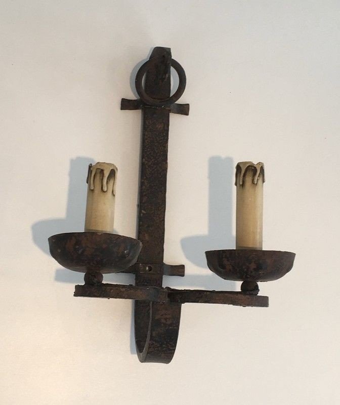 Pair Of Wrought Iron Wall Sconces. French Work. Circa 1950-photo-3