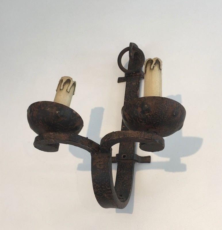 Pair Of Wrought Iron Wall Sconces. French Work. Circa 1950-photo-4