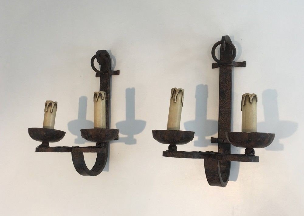 Pair Of Wrought Iron Wall Sconces. French Work. Circa 1950-photo-3