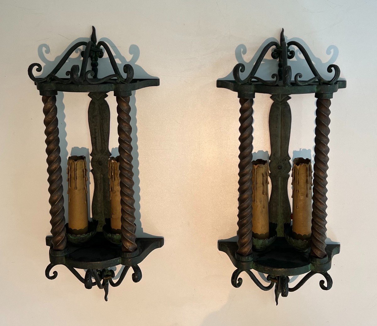 Pair Of Wrought Iron Wall Lanterns Patinated In A Green Color And Gilded. French Work. -photo-2