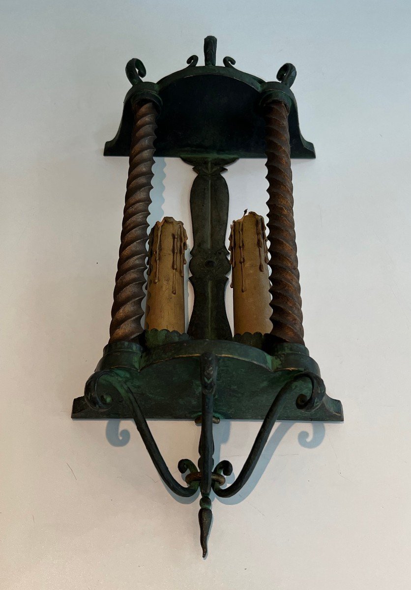 Pair Of Wrought Iron Wall Lanterns Patinated In A Green Color And Gilded. French Work. -photo-4