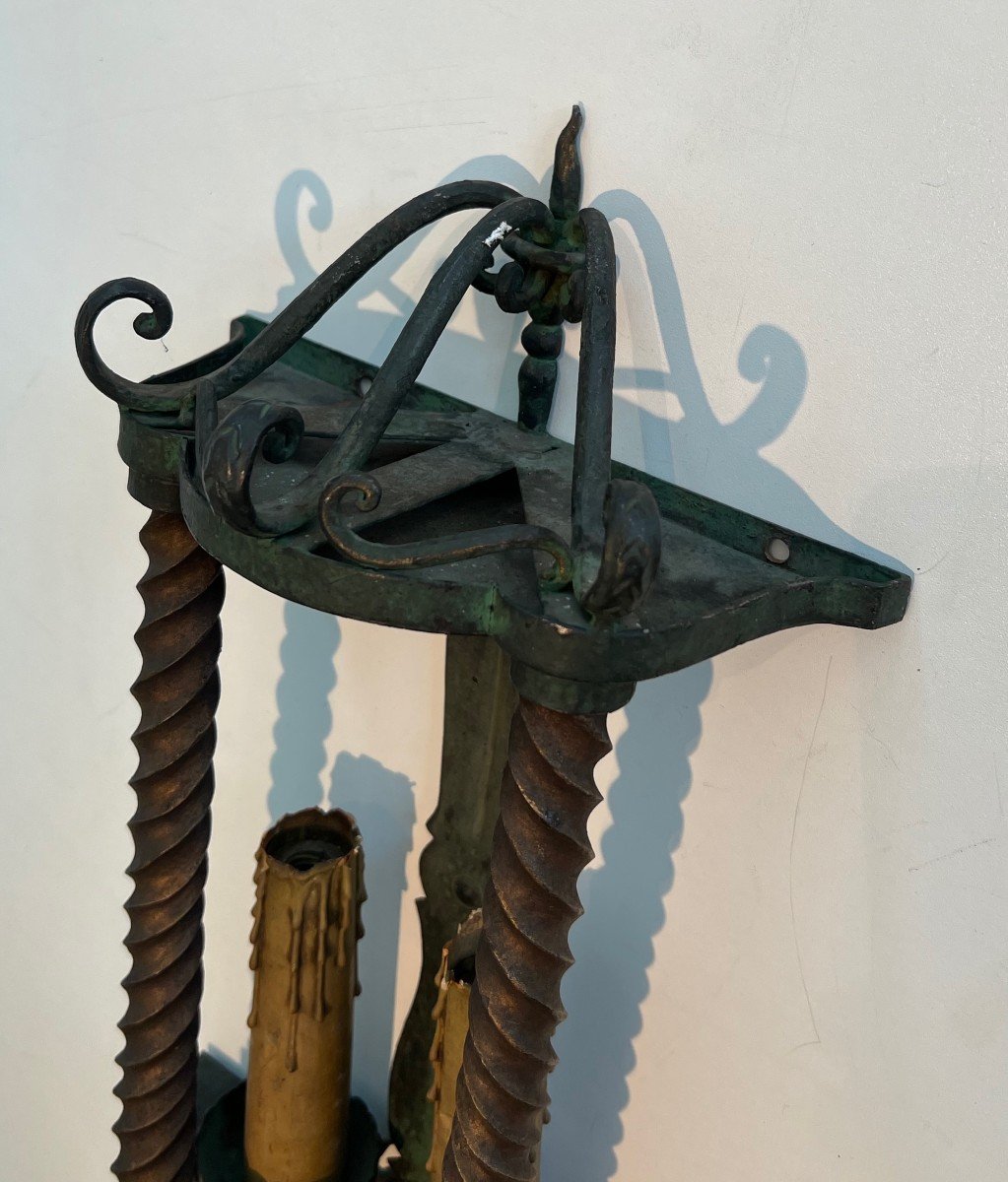 Pair Of Wrought Iron Wall Lanterns Patinated In A Green Color And Gilded. French Work. -photo-1