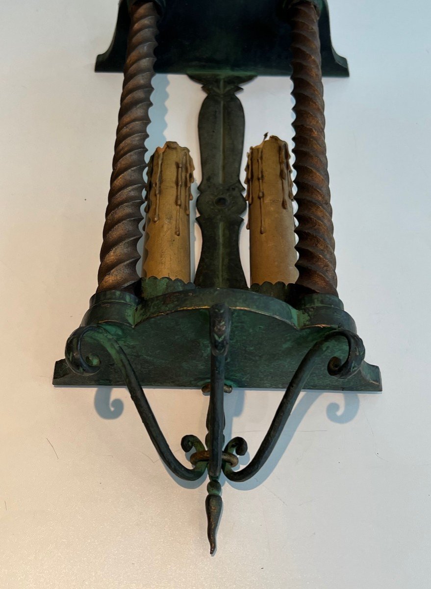 Pair Of Wrought Iron Wall Lanterns Patinated In A Green Color And Gilded. French Work. -photo-4