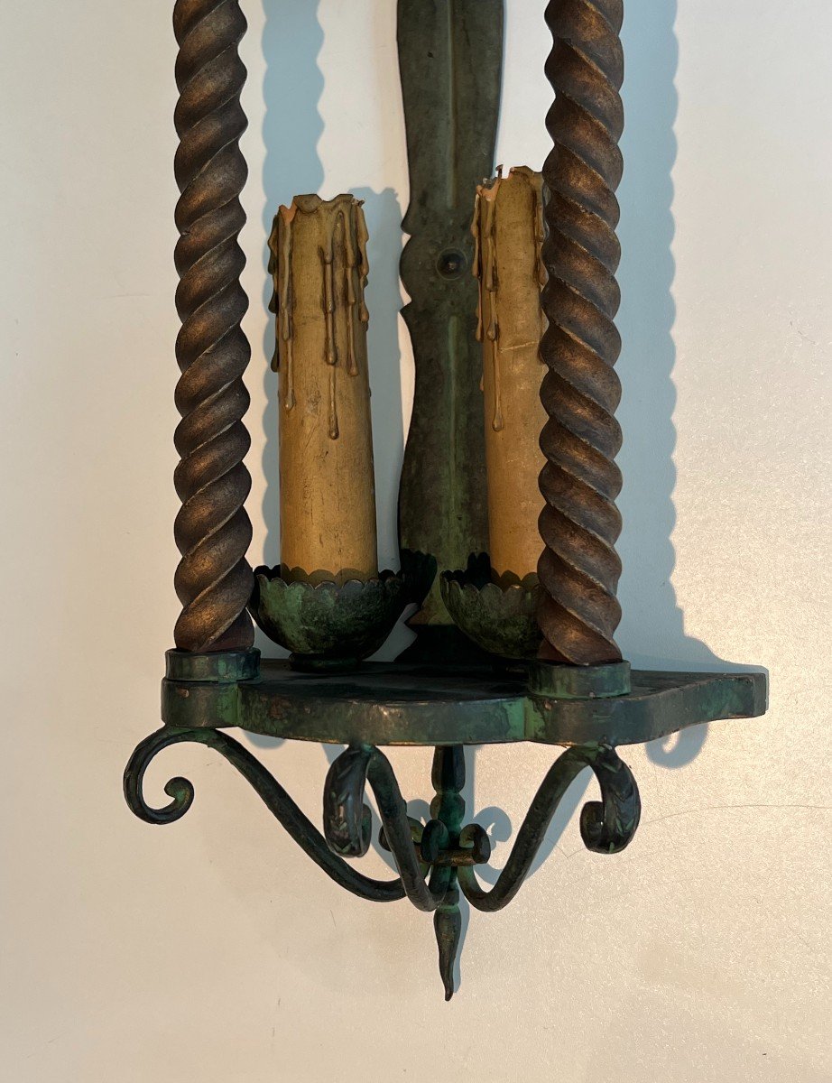 Pair Of Wrought Iron Wall Lanterns Patinated In A Green Color And Gilded. French Work. -photo-6