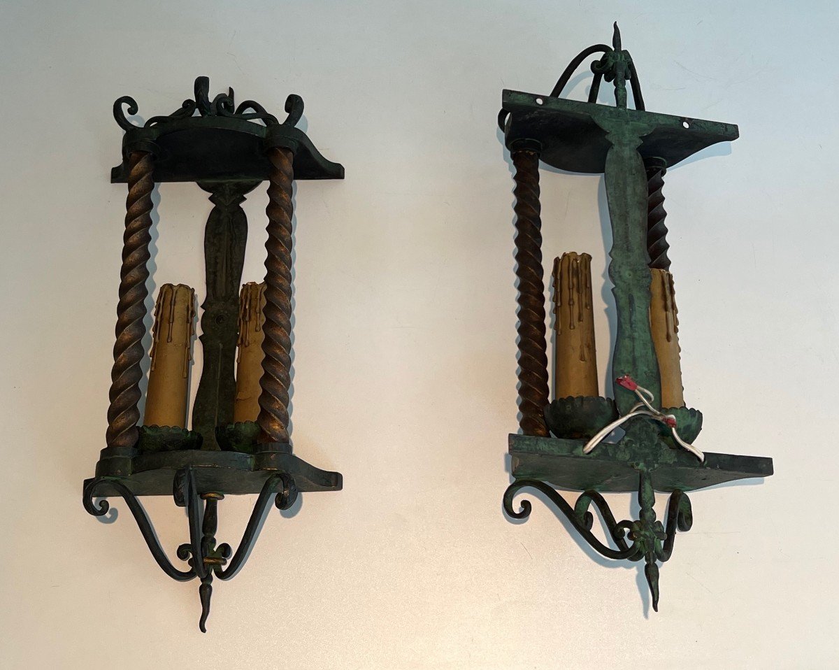 Pair Of Wrought Iron Wall Lanterns Patinated In A Green Color And Gilded. French Work. -photo-7