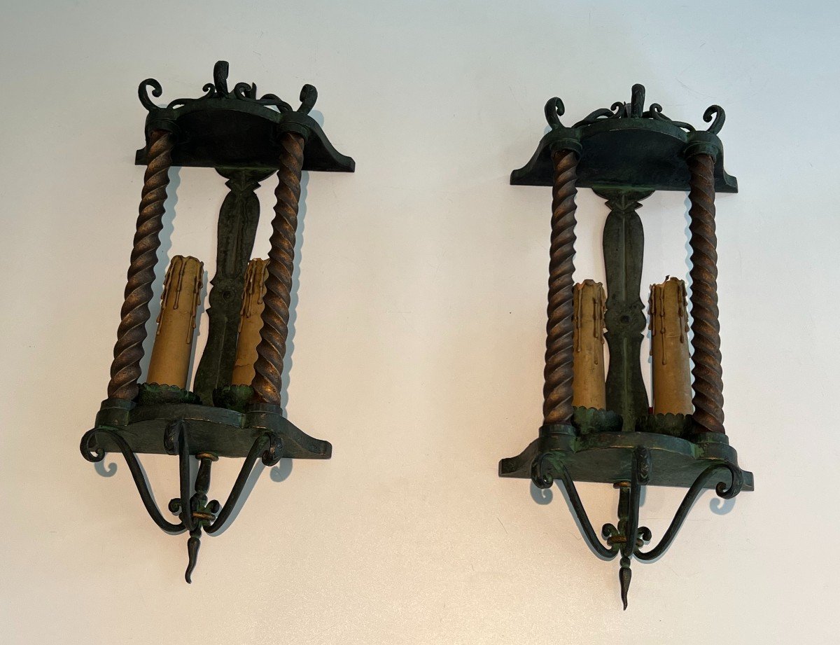 Pair Of Wrought Iron Wall Lanterns Patinated In A Green Color And Gilded. French Work. -photo-8