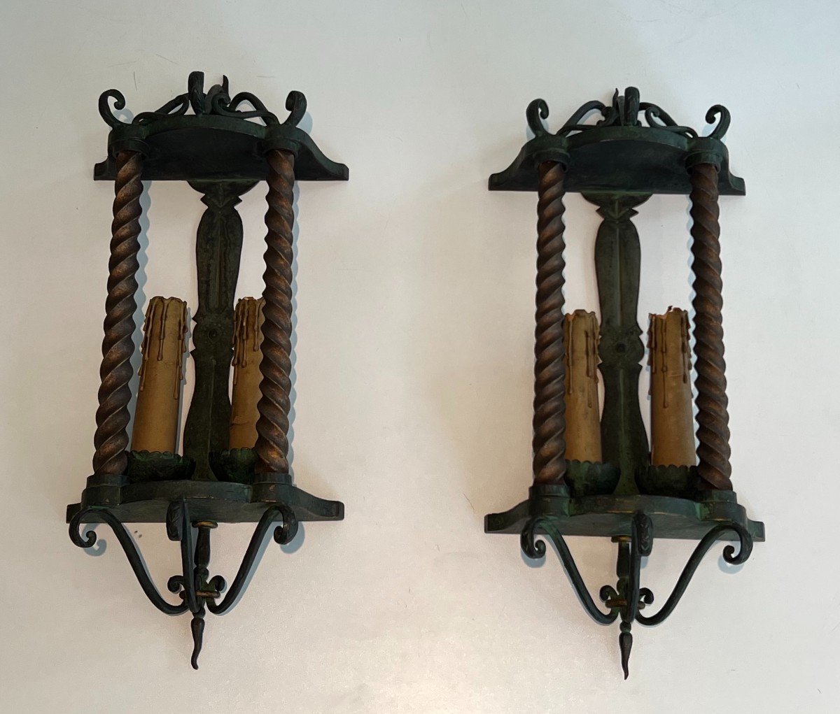 Pair Of Wrought Iron Wall Lanterns Patinated In A Green Color And Gilded. French Work. 