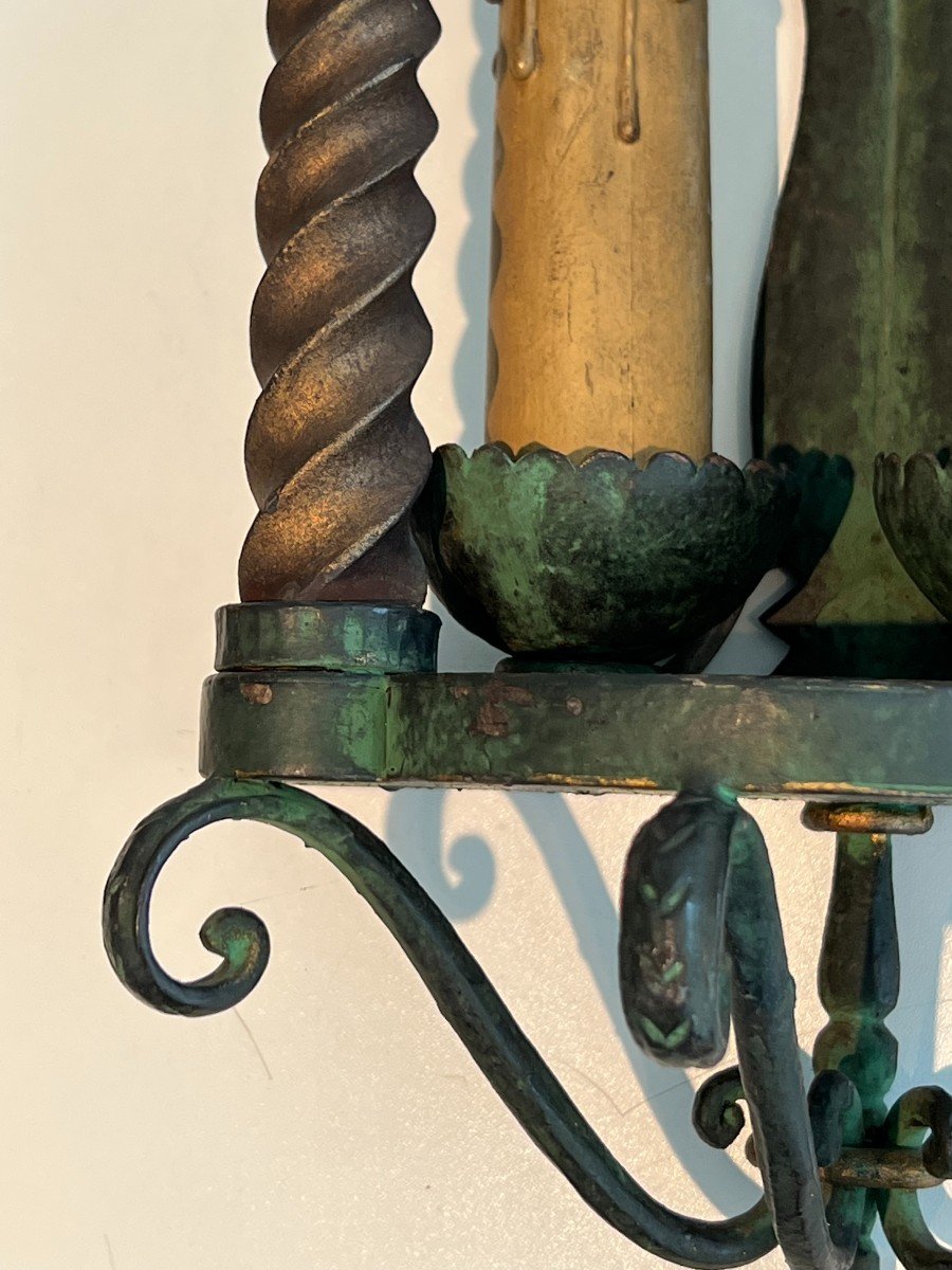 Pair Of Wrought Iron Wall Lanterns Patinated In A Green Color And Gilded. French Work.-photo-6