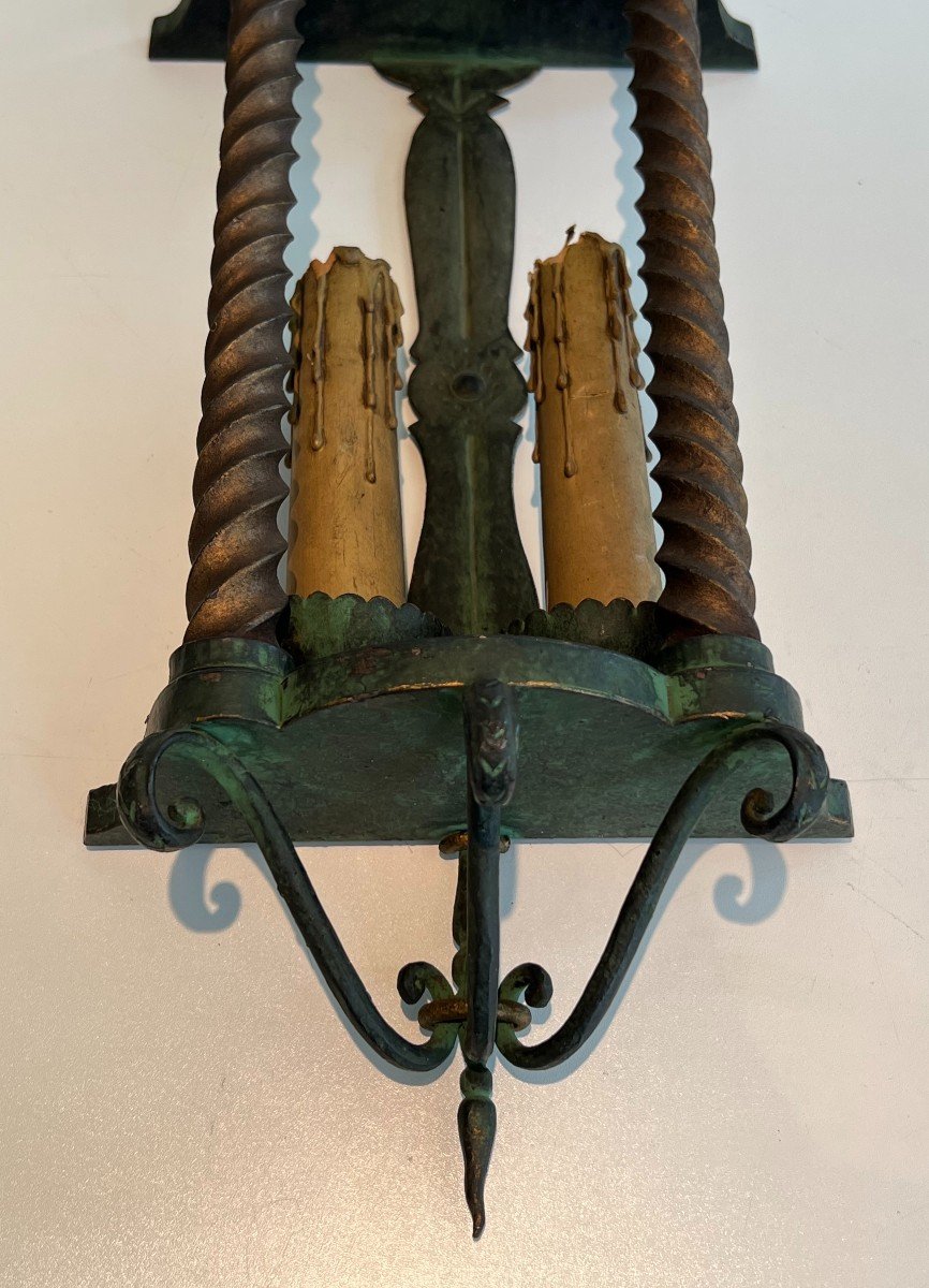 Pair Of Wrought Iron Wall Lanterns Patinated In A Green Color And Gilded. French Work.-photo-8