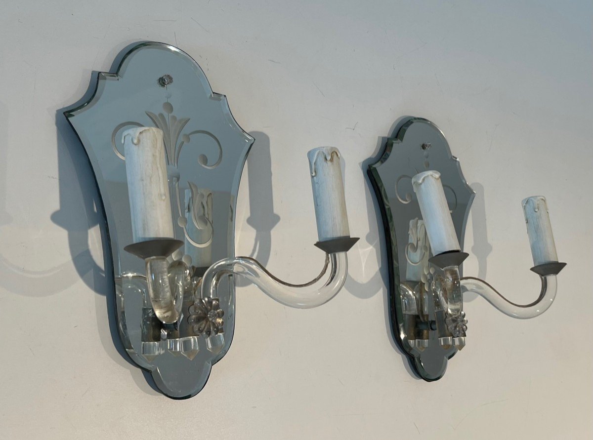 Pair Of Wall Lights Made Of Murano Crystal And Silver Plated Metal. Italian Work. Circa 1940-photo-3