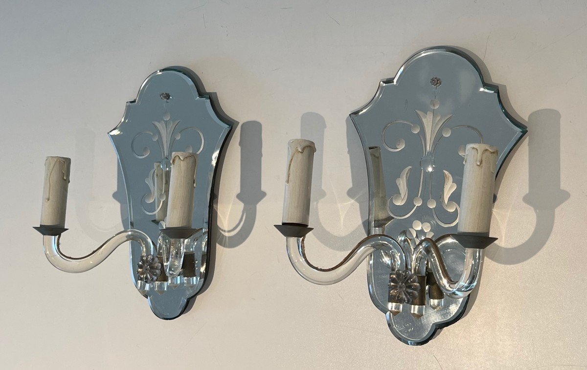 Pair Of Wall Lights Made Of Murano Crystal And Silver Plated Metal. Italian Work. Circa 1940-photo-4