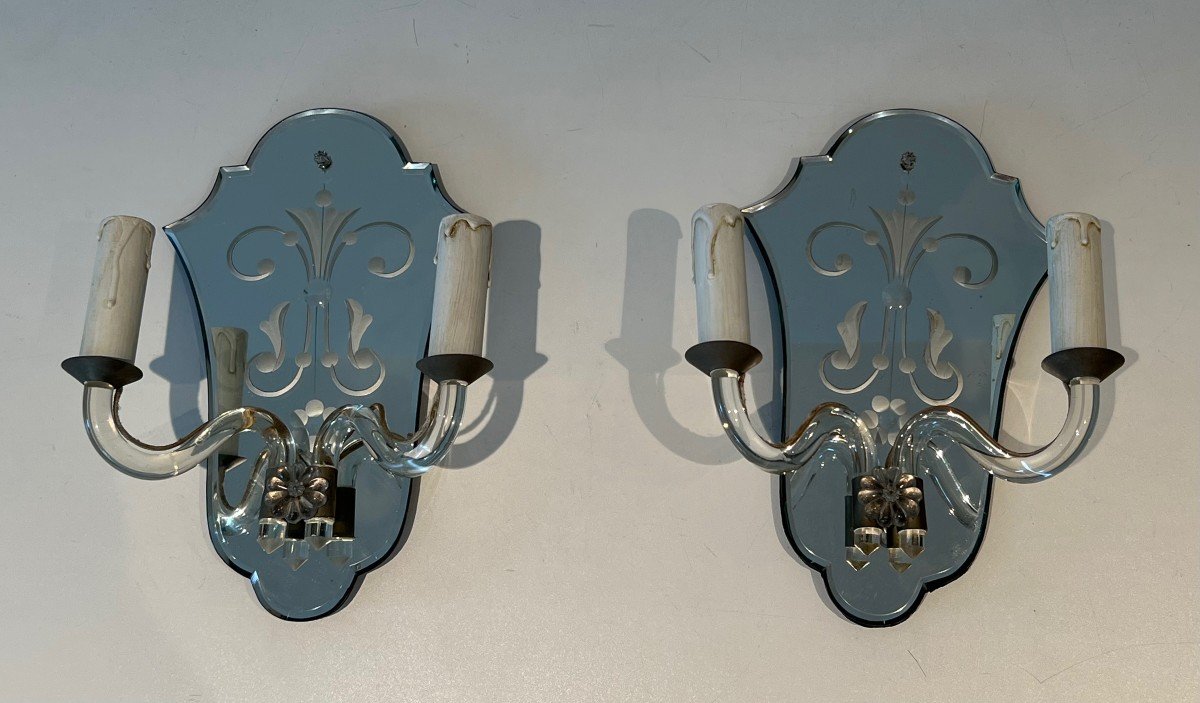 Pair Of Wall Lights Made Of Murano Crystal And Silver Plated Metal. Italian Work. Circa 1940-photo-8