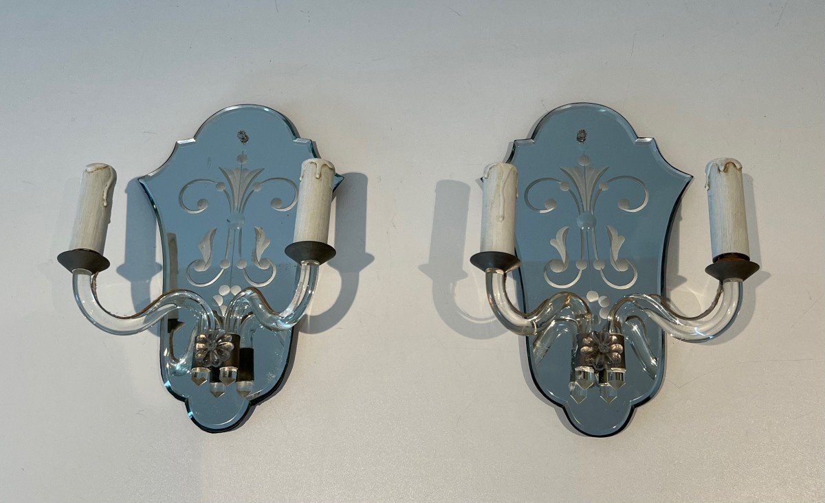 Pair Of Wall Lights Made Of Murano Crystal And Silver Plated Metal. Italian Work. Circa 1940