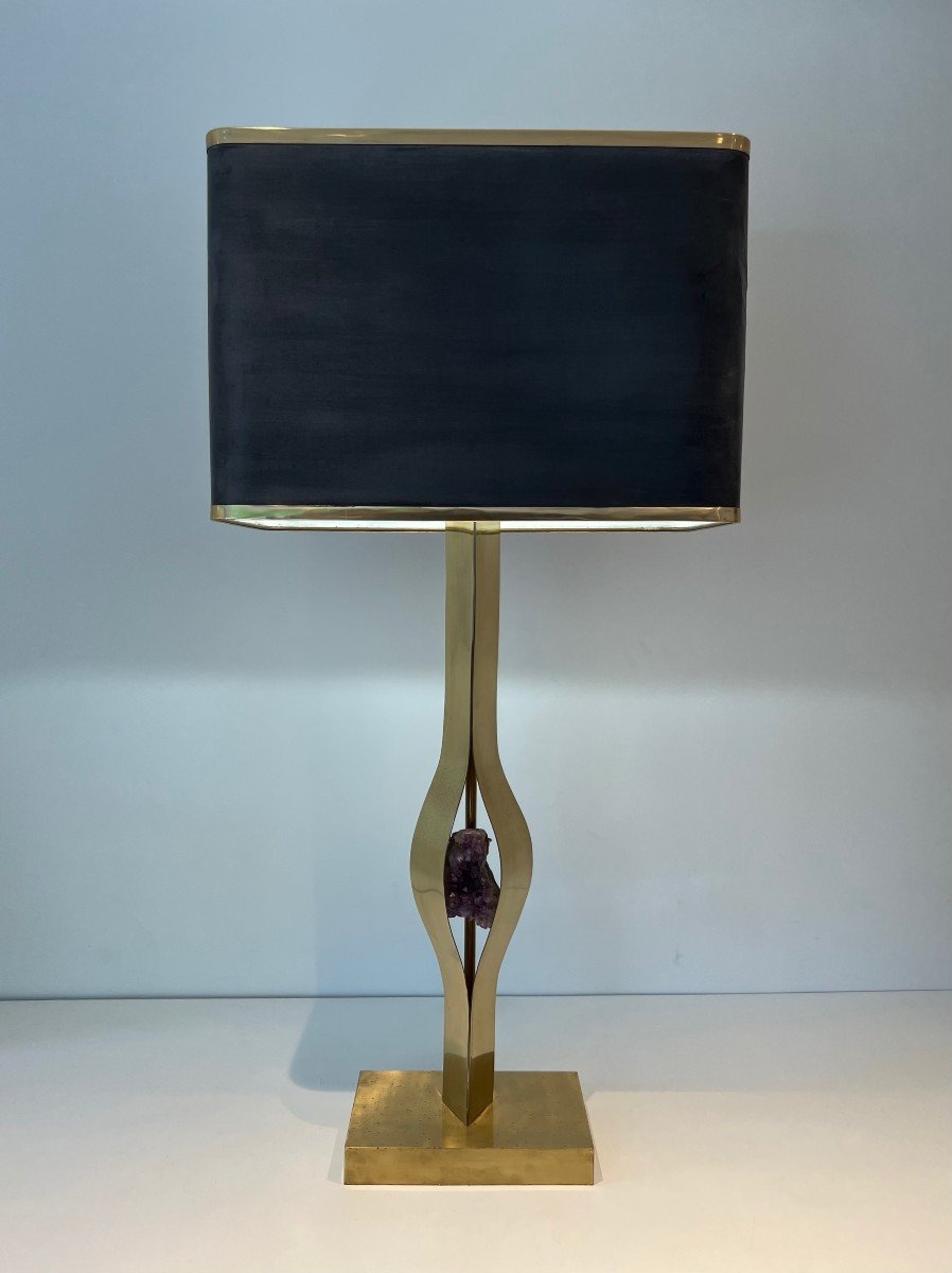 Important Sculptural Brass Lamp Made From An Amethyst. Belgian Work By Willy Daro. Around 1970-photo-2