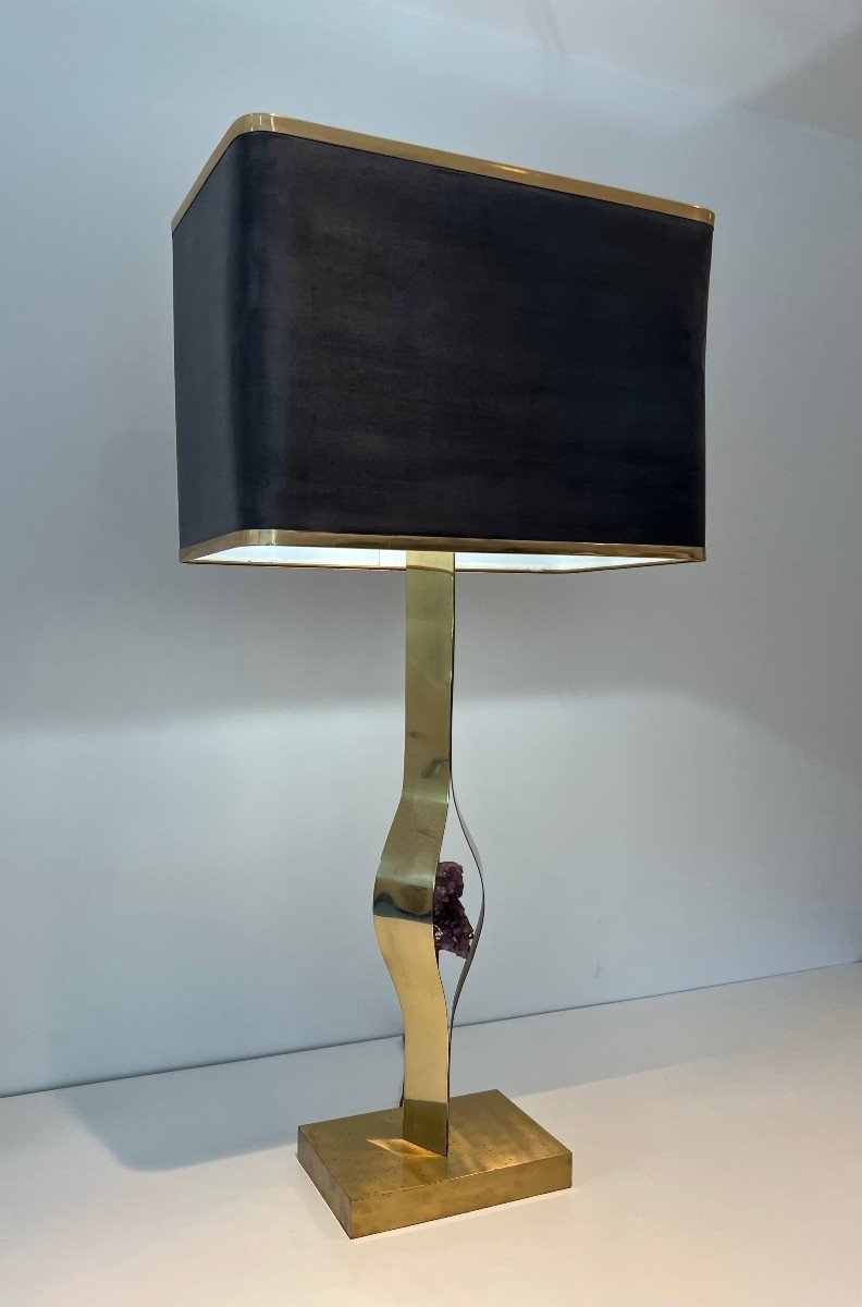 Important Sculptural Brass Lamp Made From An Amethyst. Belgian Work By Willy Daro. Around 1970-photo-3