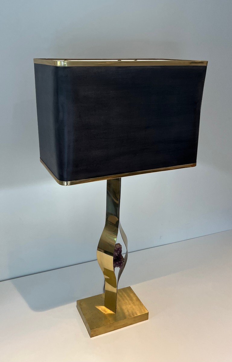 Important Sculptural Brass Lamp Made From An Amethyst. Belgian Work By Willy Daro. Around 1970-photo-4