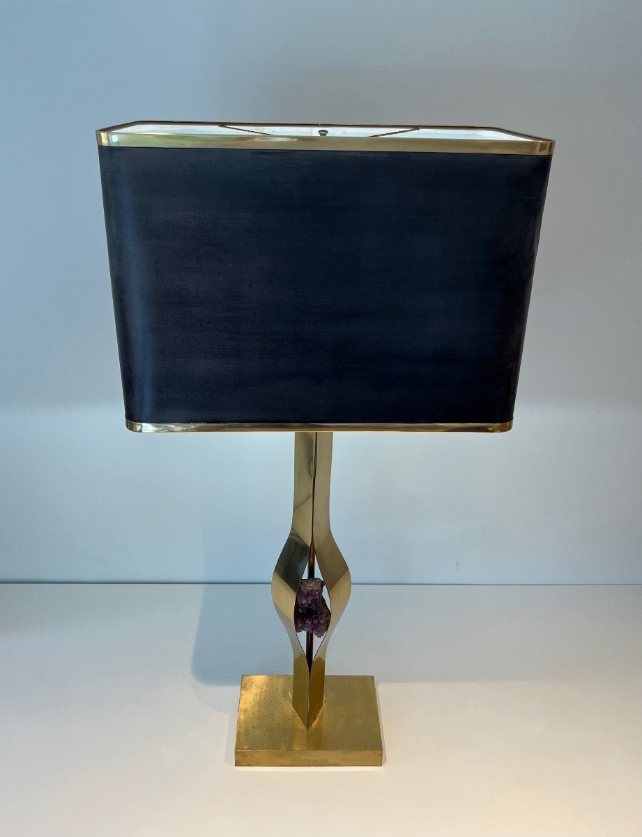 Important Sculptural Brass Lamp Made From An Amethyst. Belgian Work By Willy Daro. Around 1970-photo-1