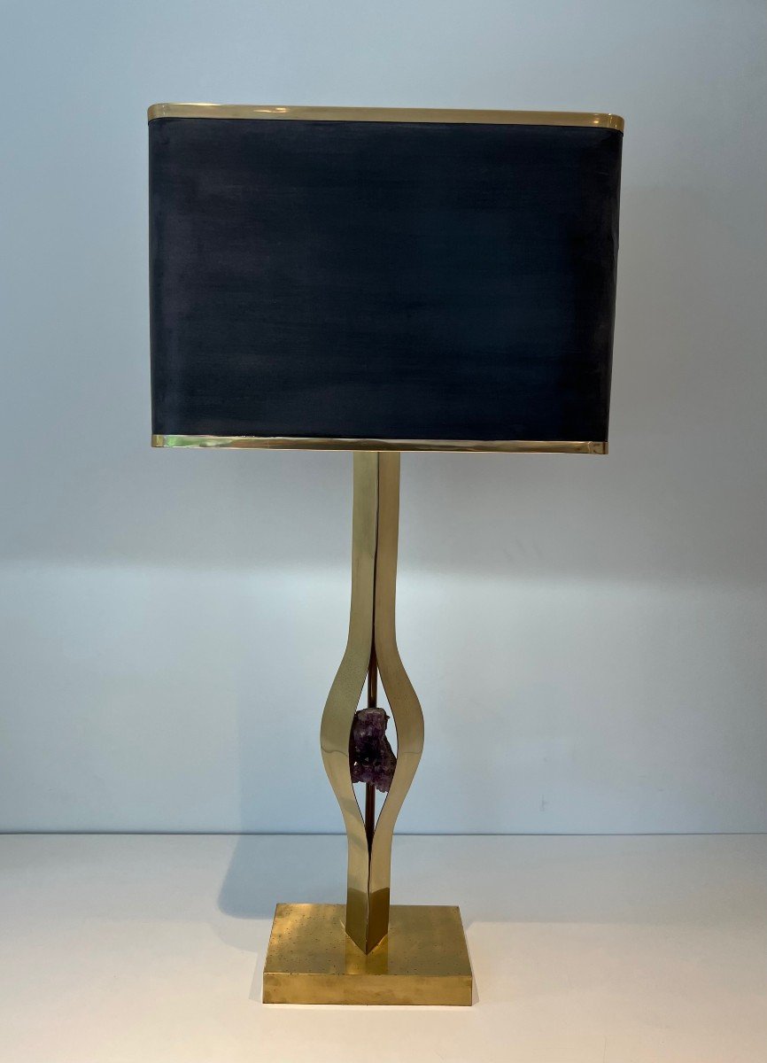 Important Sculptural Brass Lamp Made From An Amethyst. Belgian Work By Willy Daro. Around 1970