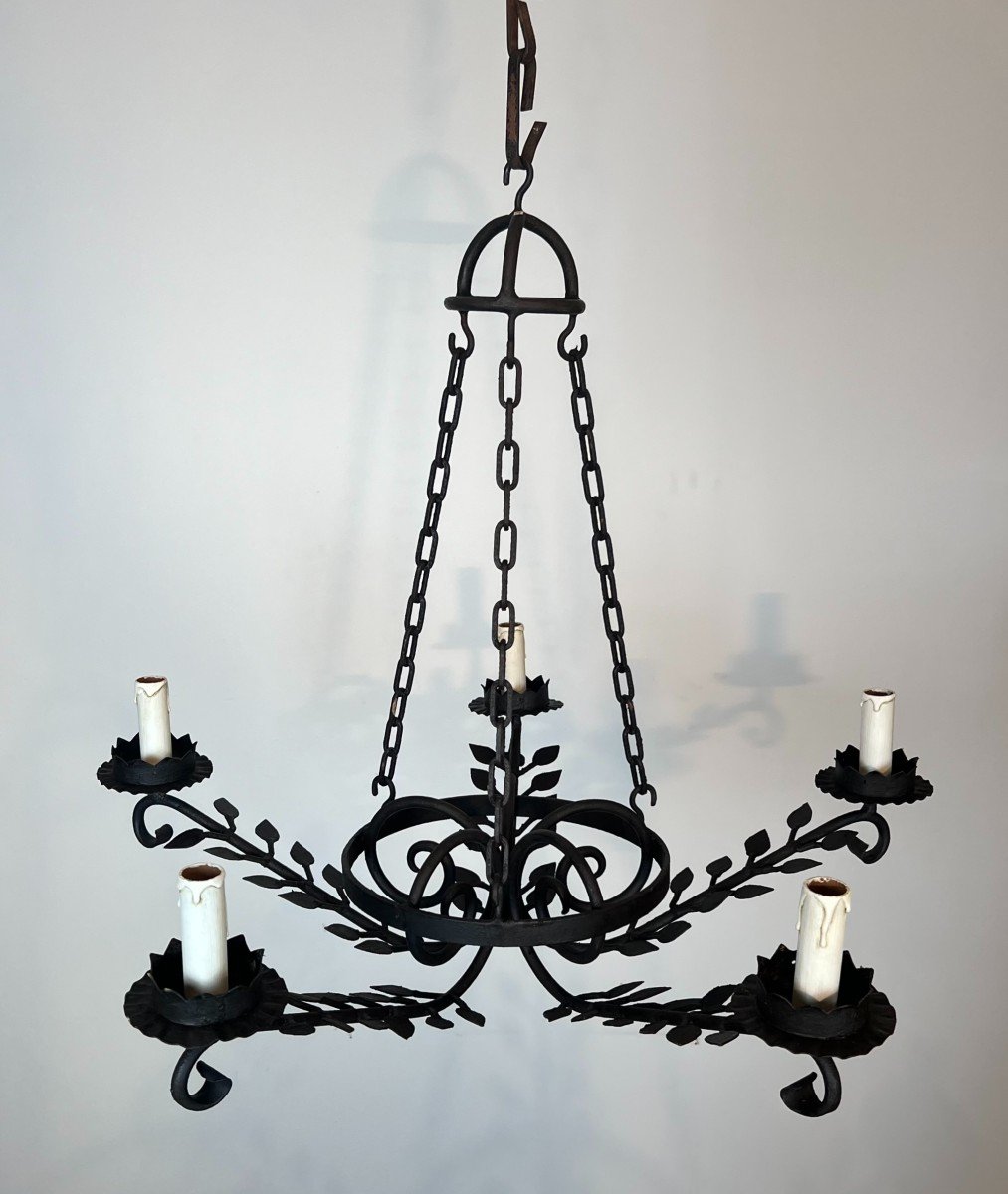 5 Arms Wrought Iron Chandelier With Leaves. French Work. Circa 1950-photo-2