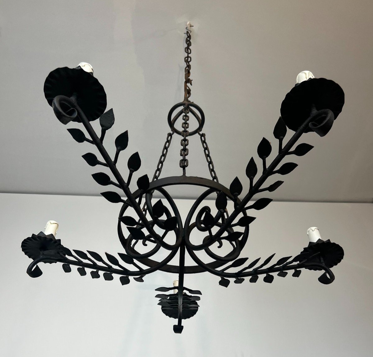 5 Arms Wrought Iron Chandelier With Leaves. French Work. Circa 1950-photo-3