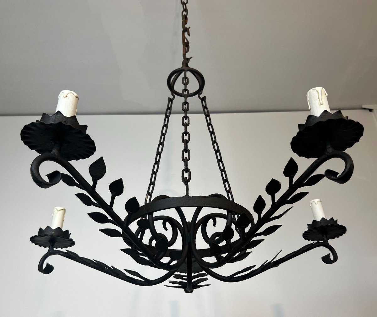 5 Arms Wrought Iron Chandelier With Leaves. French Work. Circa 1950-photo-4