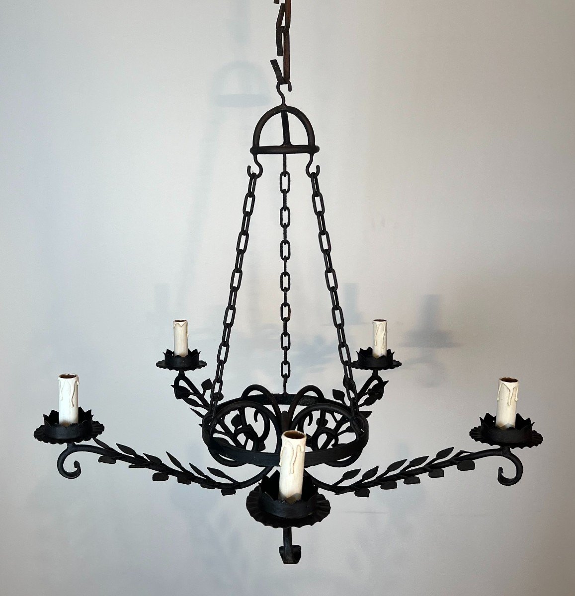 5 Arms Wrought Iron Chandelier With Leaves. French Work. Circa 1950-photo-1