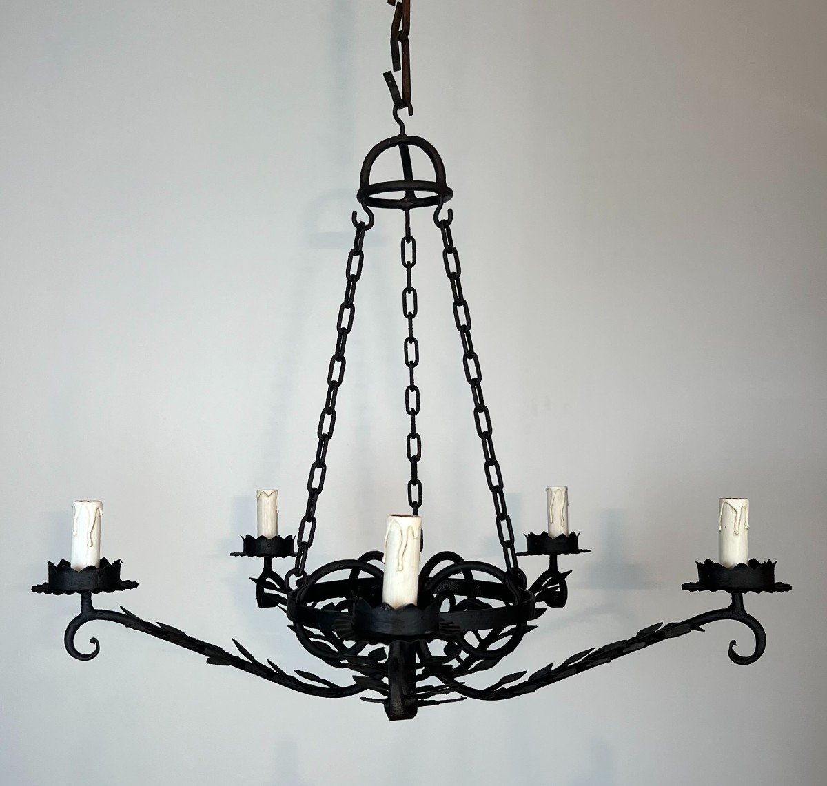 5 Arms Wrought Iron Chandelier With Leaves. French Work. Circa 1950-photo-2