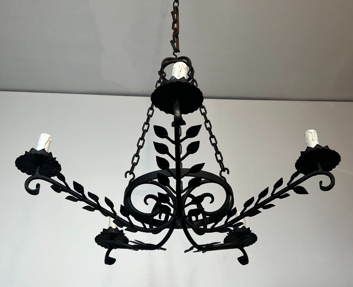 5 Arms Wrought Iron Chandelier With Leaves. French Work. Circa 1950-photo-3