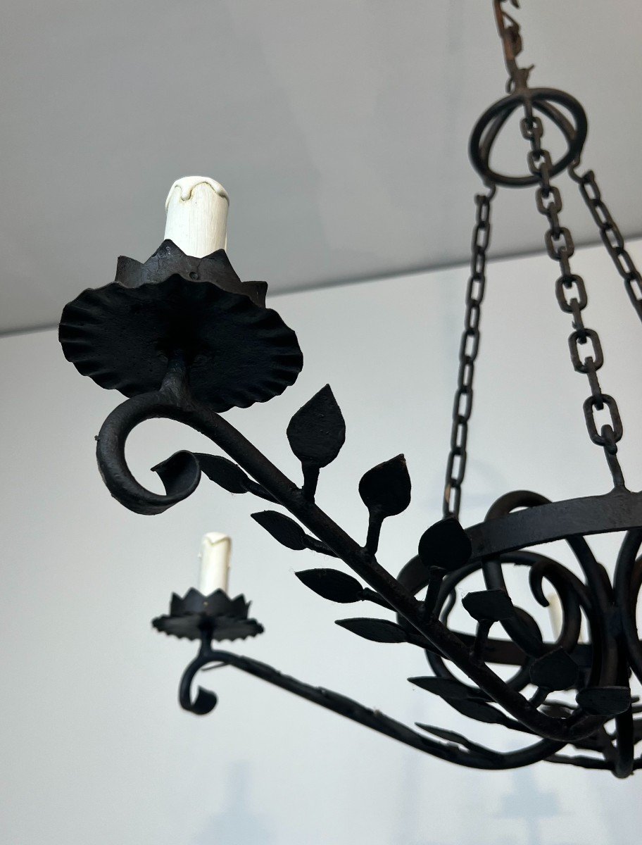 5 Arms Wrought Iron Chandelier With Leaves. French Work. Circa 1950-photo-5