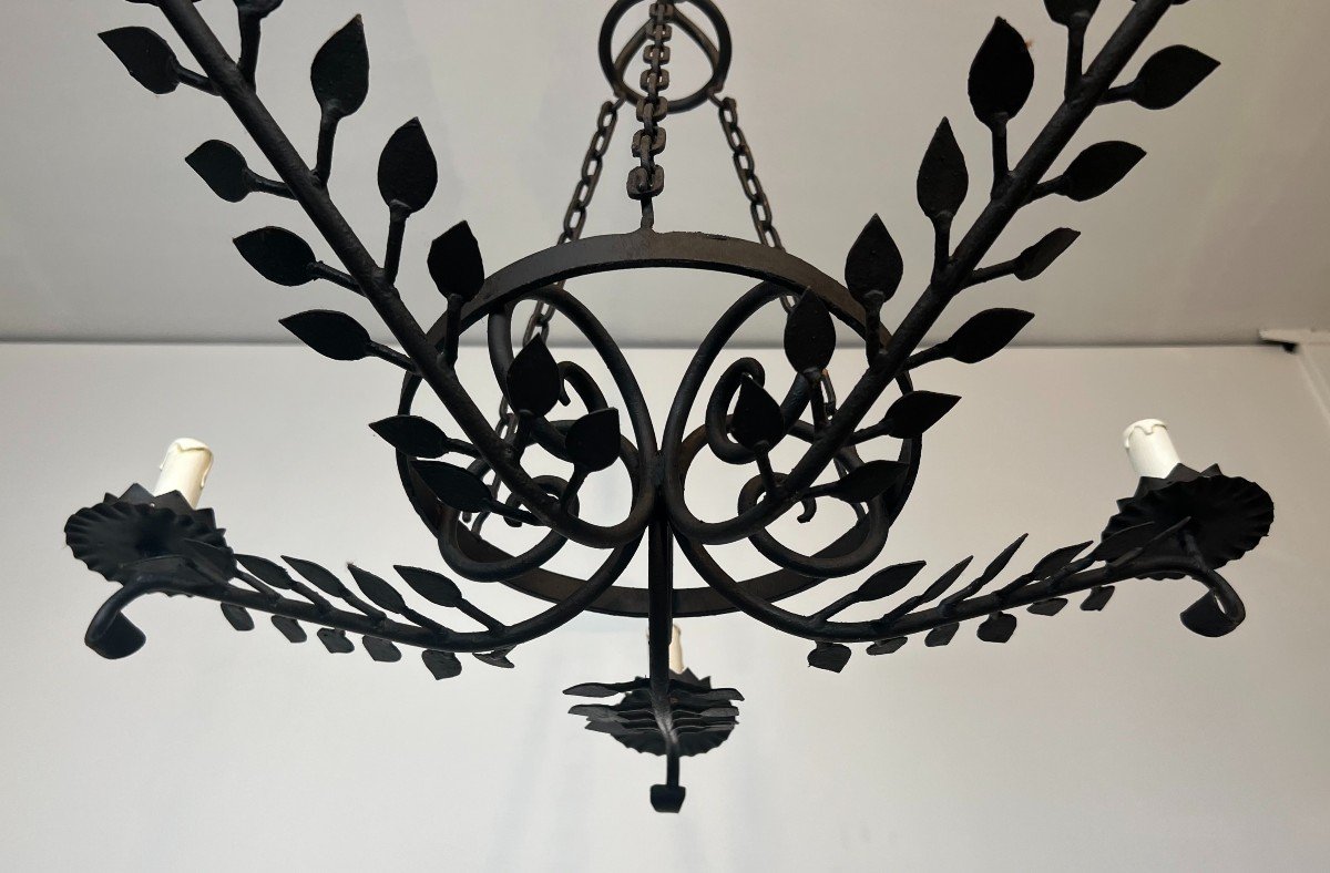 5 Arms Wrought Iron Chandelier With Leaves. French Work. Circa 1950-photo-7